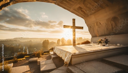 empy tomb with shroud and crucifixion at sunrise resurrection of jesus christ