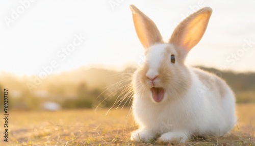 cute animal pet rabbit or bunny white color smiling and laughing isolated with copy space for easter background © Ryan