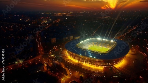 An aerial view of a stadium lit up like a beacon its floodlights casting a bright glow over the surrounding area.