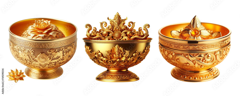 Vermilion bowl a choice thing for married Hindu girls, 3 Vermilion bowls made of gold with intricate design set against a transparent background
