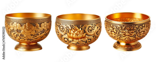 3 bowls made of gold with intricate design set against a transparent background