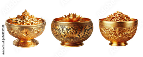 Vermilion bowl a choice thing for married Hindu girls, 3 Vermilion bowls made of gold with intricate design set against a transparent background