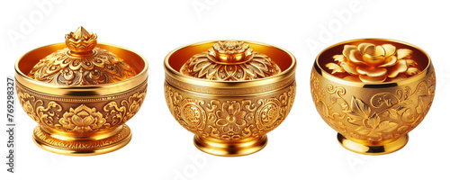 Vermilion bowl a choice thing for married Hindu girls, 3 Vermilion bowls made of gold with intricate design set against a transparent background photo