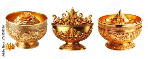 Vermilion bowl a choice thing for married Hindu girls, 3 Vermilion bowls made of gold with intricate design set against a transparent background photo