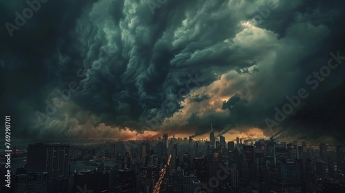 A stormy sky looms over the city creating a dramatic backdrop for the cityscape silhouettes their sharp edges ting through the moody atmosphere.