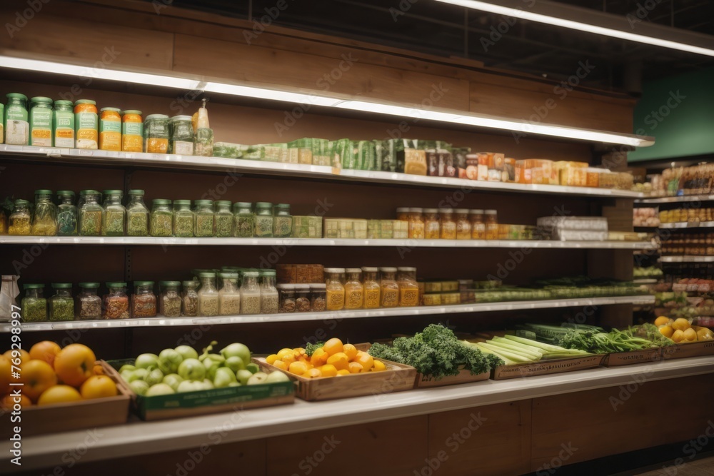 fruit vegetables and healthy foods on the shelves in grocery store