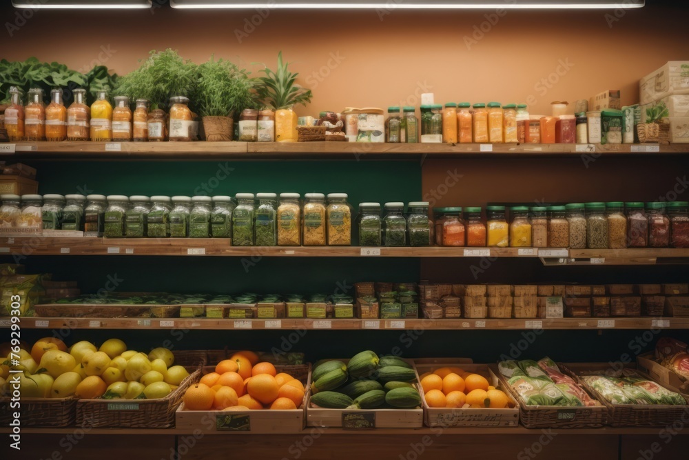 fruit vegetables and healthy foods on the shelves in grocery store