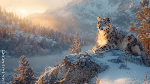Felidae carnivore in natural landscape sits on snowcovered rock in mountains
