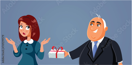 Business Manager Giving Inappropriate Gift to his Secretary Vector Cartoon. Unhappy woman being stalked by her boss refusing advances in the workplace
