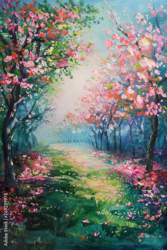 Oil painting illustrates blooming flowers in the garden during spring, with rough canvas texture resembling strokes created by a palette knife. 