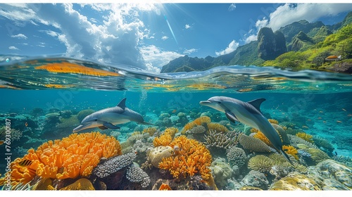 Two dolphins glide underwater over a vibrant coral reef in the azure ocean © yuchen