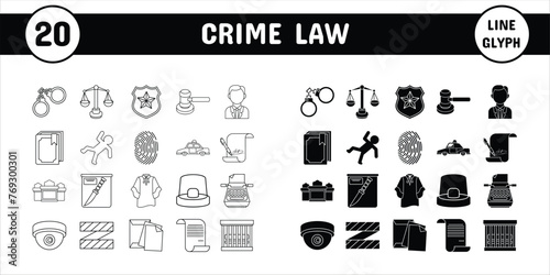 Crime Law Line Glyph Vector Illustration Icon Sticker Set Design Materials