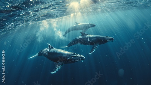 Three majestic humpback whales glide through the oceans liquid depths © yuchen
