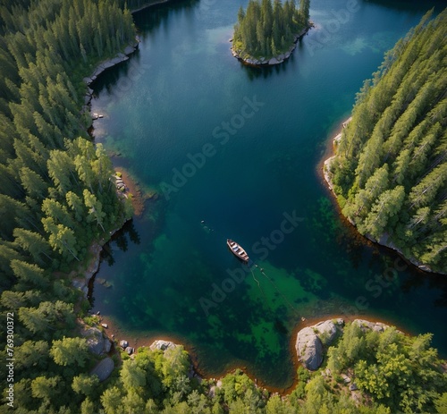 Aerial view of the lake in the forest. Summer landscape.