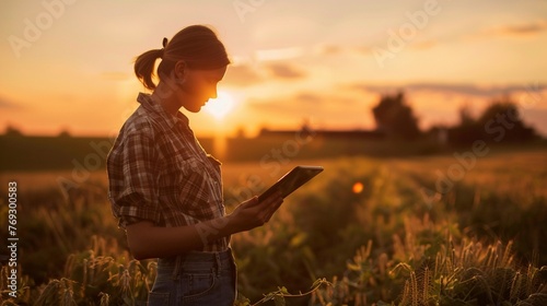 A woman stands in a field during sunset