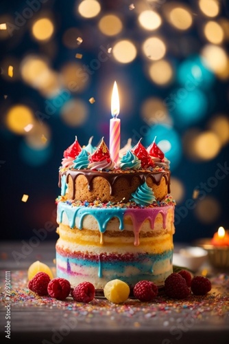 Delicious birthday cake with candles by happy birthday celebration