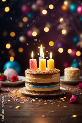 Delicious birthday cake with candles by happy birthday celebration