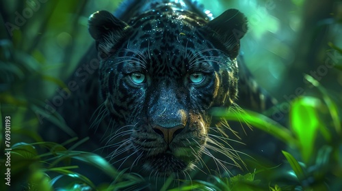 a black leopard is standing in the jungle looking at the camera