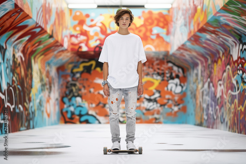 Young artist showcasing graffiti-covered skate park