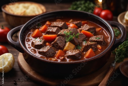 beef cooked in red sauce in kitchen pan