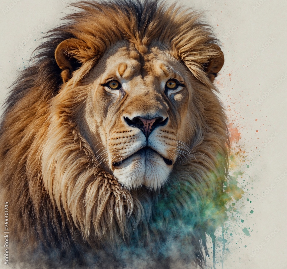 Fototapeta premium Portrait of a lion with a colorful background. Digital painting.