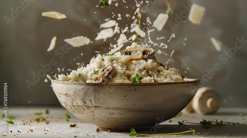 Captivating risotto topped with mushrooms under a shower of parmesan in a rustic ceramic bowl photo