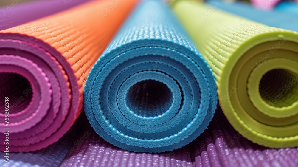 A branded foam yoga mat in a bright color adding a pop of personality to your students practice space. - obrazy, fototapety, plakaty 
