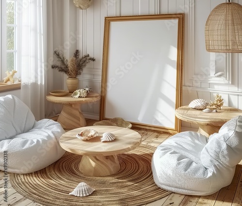 Frame Mockup Set in a Room Interior Background in Light Pastel Colors, Scandi-Boho Style. Presented in 3D Render. Made with Generative AI Technology