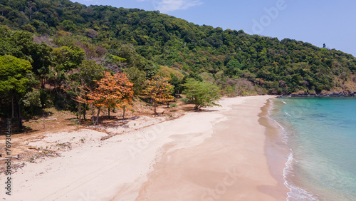 Beautiful beach view of Koh Lanta with yellow trees in the dry season. Krabi Province, Thailand, Asia