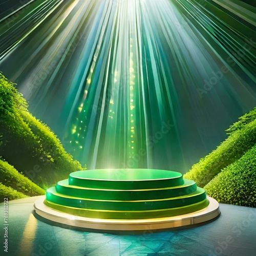 a luminous green podium stage surrounded by radiant light rays, creating a dynamic and immersive presentation environment. Incorporate interactive elements or digital displays within the podium to eng