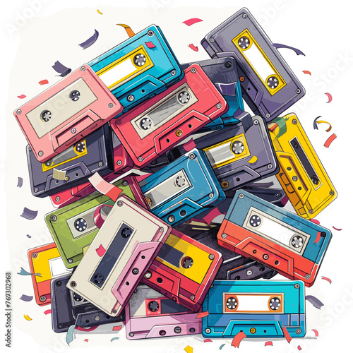 Eclectic Vintage 1970s-1980s Cassette Tape Collage Vector Design for Retro T-Shirts