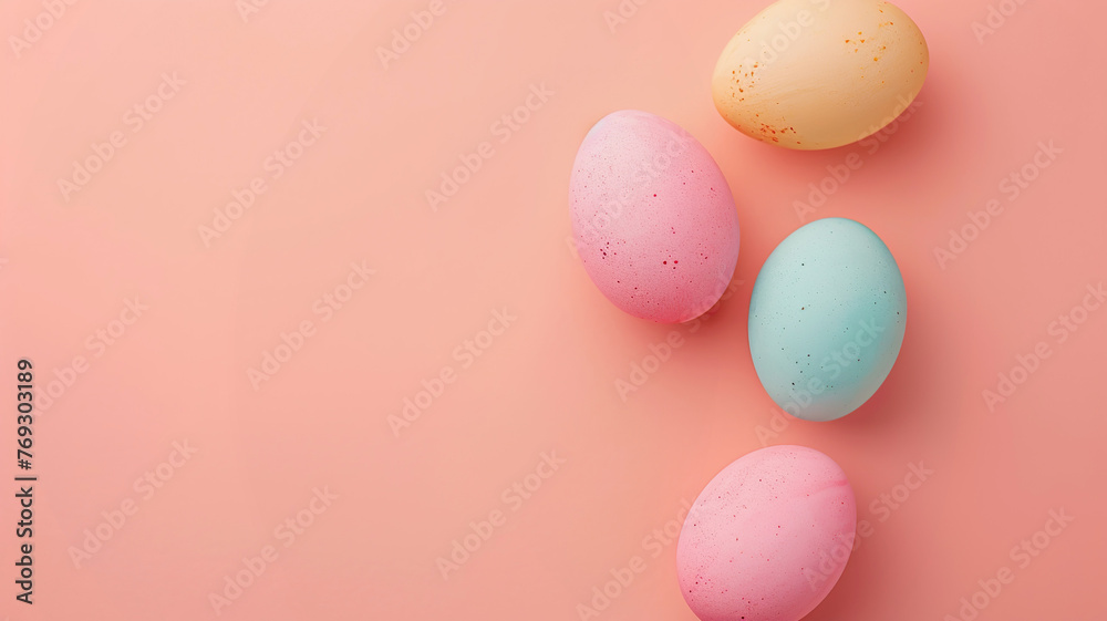 Easter eggs on pink background, top view, copy space