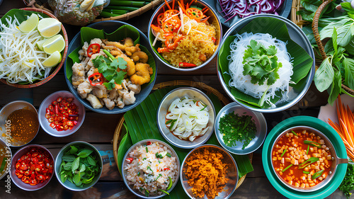 Assorted Vietnamese Dishes in Colorful Presentation . A vibrant spread of Vietnamese cuisine featuring fresh herbs, noodles, rice, and chili, beautifully arranged for a feast. 
