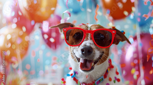 An exuberant dog sporting trendy sunglasses amidst a shower of colorful confetti, embodying the life of the party