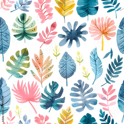 Watercolor leaves and flowers create a seamless pattern on azure textile