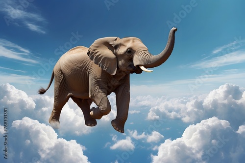 An elephant appears to be soaring through a bright blue sky dotted with fluffy white clouds, a playful twist on the concept of weightlessness.