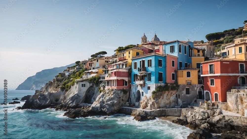 Italian Coastal, Colorful Houses Adorn the Scenic Coastline
