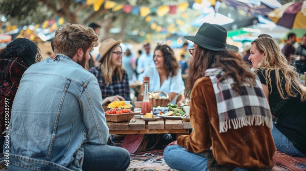 A group of friends sit on the ground backs to the camera enjoying a rustic picnic lunch amidst the lively market atmosphere. . .