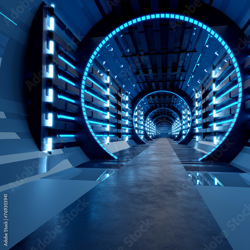 The neon blue airlock tunnel glows around the corridor on the reflective concrete floor.