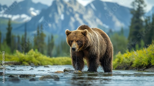Brown bear in water with mountains natural landscape