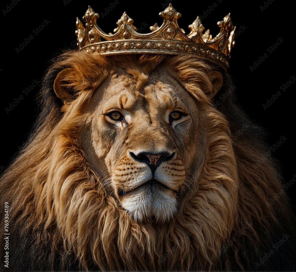 Fototapeta premium Portrait of a lion king in a crown on a black background.