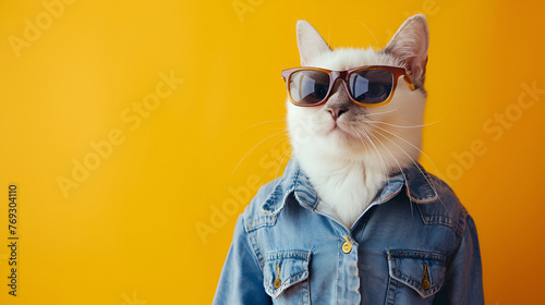 Portrait of a cat in sunglasses  wearing a beach shirt on a yellow background  space for text 