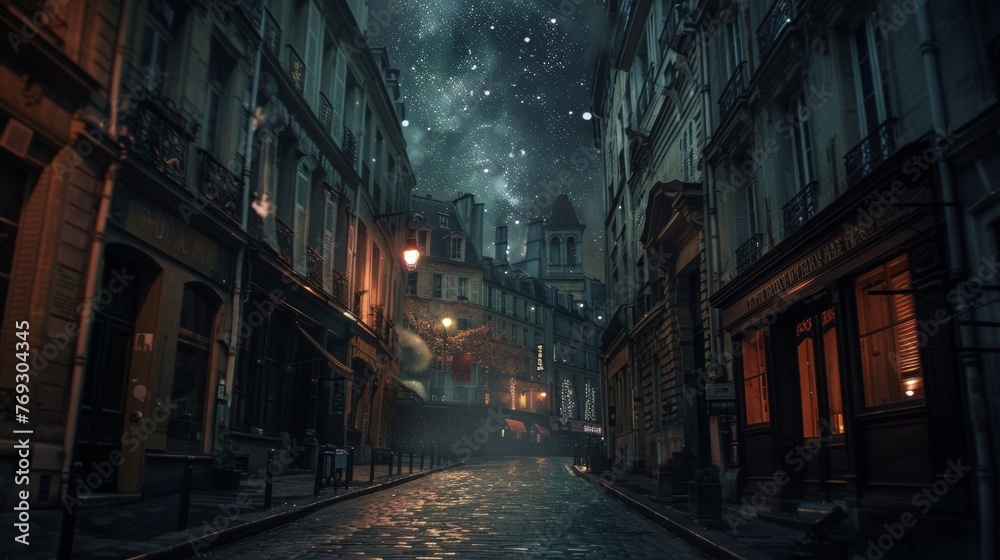 A quiet street in the heart of the city with faint starlight glimmering through the gaps between buildings.