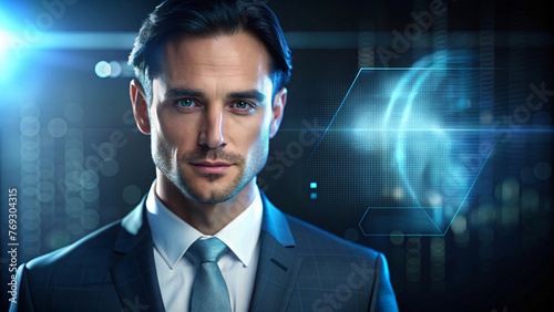 Businessman with digital technology: A handsome man in a suit interacts with a computer, symbolizing success and connectivity in the digital age