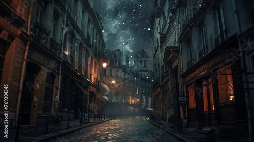 A quiet street in the heart of the city with faint starlight glimmering through the gaps between buildings.