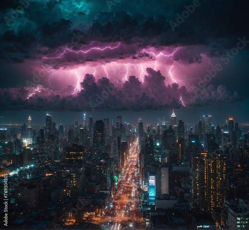 a city skyline with lightning and a cityscape in the background.