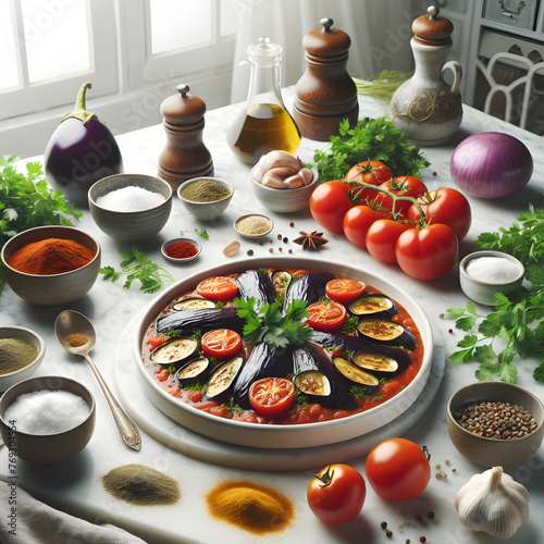 Persian Khoresh Bademjan Dish on White Marble Counter photo