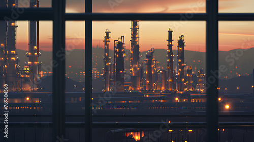 A city skyline at dusk with a large industrial area. The buildings are lit up with lights, creating a warm and inviting atmosphere. Concept of progress and growth, as the city continues to develop