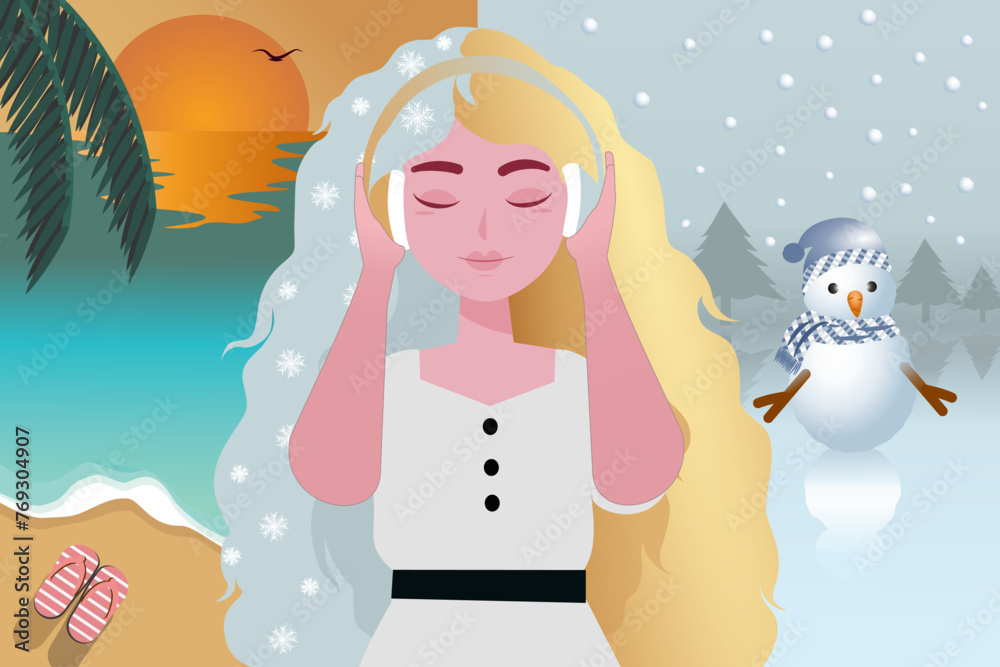 vector illustration depicting two seasons, summer and winter, with distinct backgrounds representing each season, adorned with a woman enjoying music, her hair reflecting the seasonal changes.