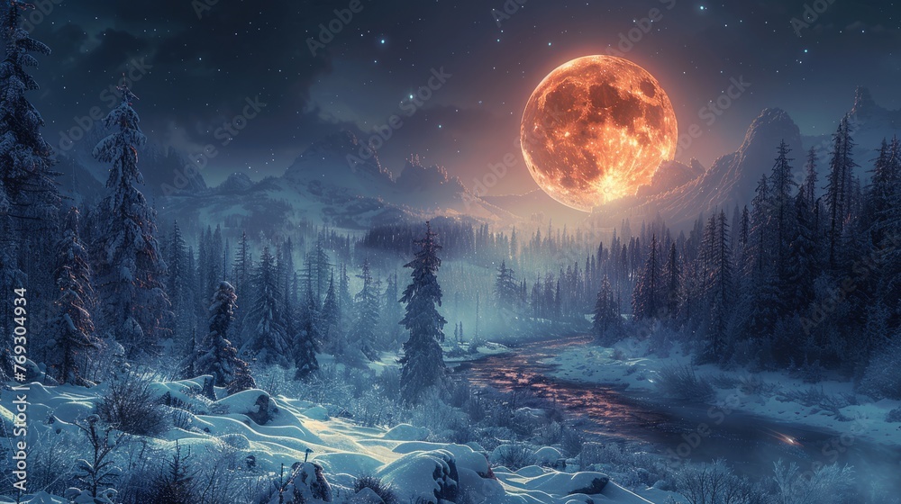 The moon is casting a surreal glow on the snowy forest under a cloudy sky